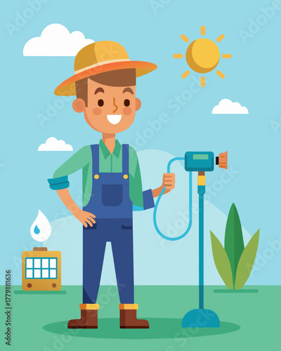 A farmer stands next to a solarpowered water pump delighted at how this innovative technology has made watering their fields much more efficient.. Vector illustration