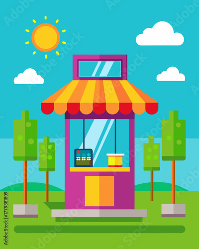 A colorful kiosk in the middle of a busy park powered by solar energy and offering charging stations for people to use as they enjoy the park.. Vector illustration