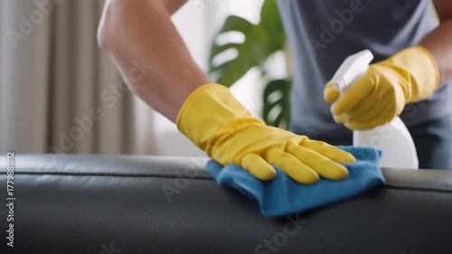 Wallpaper Mural Closeup of a person wearing yellow gloves cleaning a dark surface with a blue cloth and spray bottle demonstrating household chores and hygiene. Torontodigital.ca