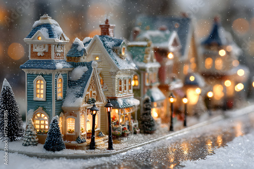 Fototapeta Naklejka Na Ścianę i Meble -  The winter christmas village is a beautiful sight. The snow is falling gently and the lights are shining brightly. The houses are covered in sparkling white, and the streets are lined with trees. It's