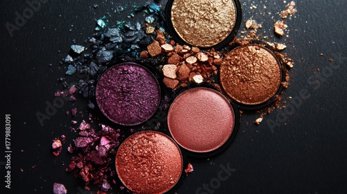Assorted Shimmering Eyeshadows and Crushed Pigments on Black Background
