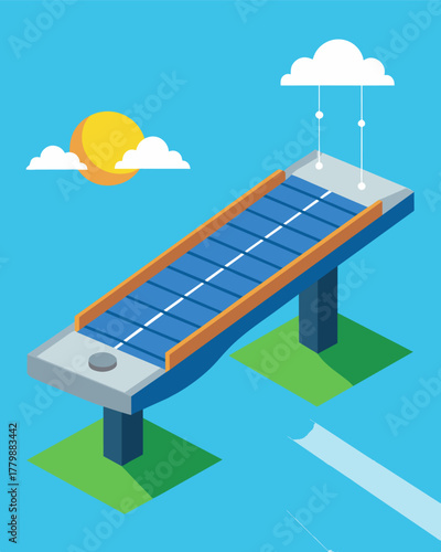 A futuristic floating bridge made entirely of solarpowered materials and designed to withstand harsh weather conditions while harnessing the suns energy for power.. Vector illustration