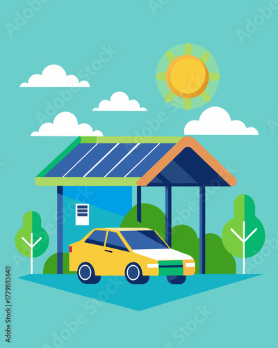 A functional and environmentallyconscious carport utilizing solar panels to power nearby electric vehicle charging stations.. Vector illustration