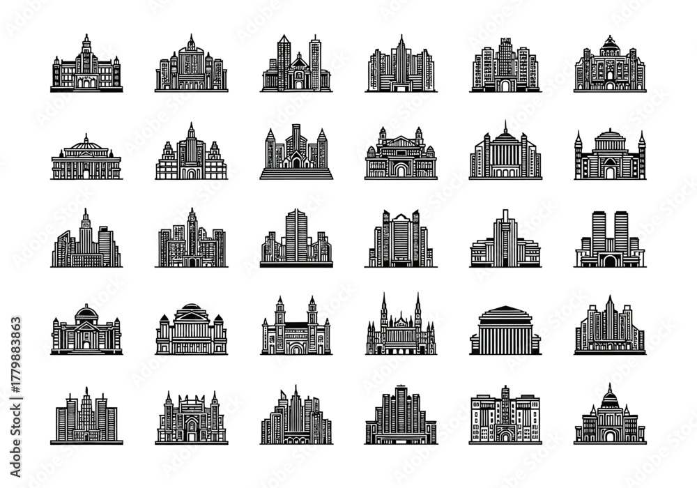 Obraz premium Vector icon set of thirty government buildings and city landmarks. A collection of architectural silhouettes including city halls and palaces
