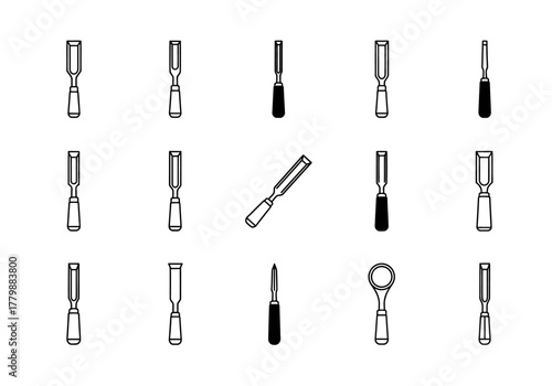 Set of chisel and ratchet tool icons. A collection of vector line art illustrations for carpentry and woodworking