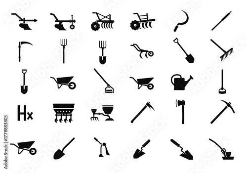 A comprehensive set of simple black icons representing various tools and equipment for agriculture, farming, and gardening