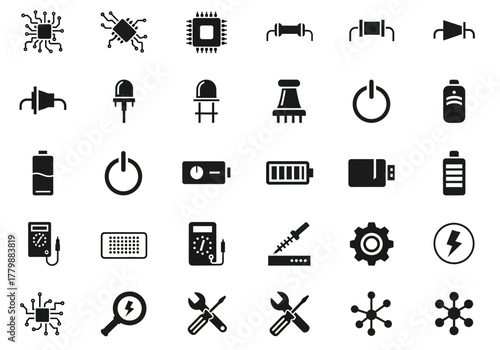 A versatile collection of thirty flat glyph icons representing various electronic components, tech repair tools, and power symbols
