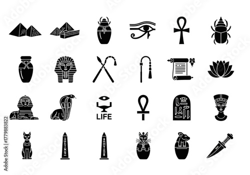 Egyptian symbols and hieroglyphs icon collection. Black glyphs of ancient Egypt civilization artifacts, mythology, and deities