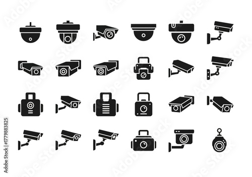 Set of black solid glyph icons depicting various security cameras for surveillance and CCTV systems. Vector illustration collection