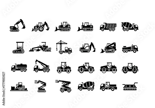 A comprehensive set of black silhouette icons depicting various heavy construction machinery and industrial vehicles for building projects