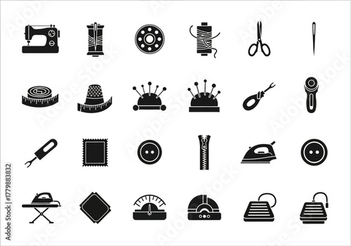 Set of 28 black silhouette icons for sewing, needlework, and haberdashery. Vector collection of tailoring and dressmaking equipment