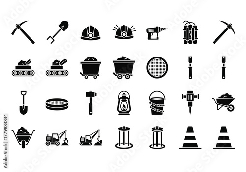 A comprehensive set of industrial icons representing mining tools, construction machinery, and coal extraction equipment