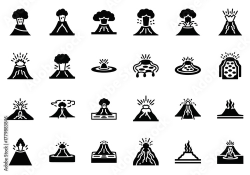 A comprehensive set of solid black volcano icons illustrating different types of volcanic eruptions, lava flows, and geological formations