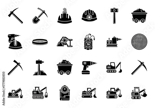 Collection of mining vector glyphs featuring industrial equipment, excavation tools, and machinery symbols