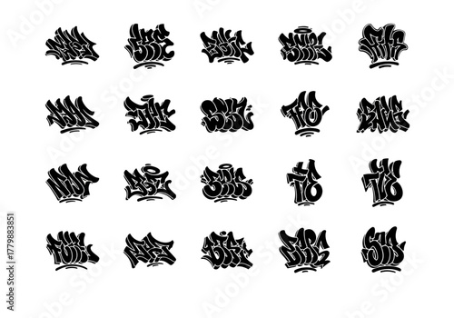 Vector collection of twenty hand-drawn graffiti throw-up styles. An isolated set of urban street art lettering for creative projects
