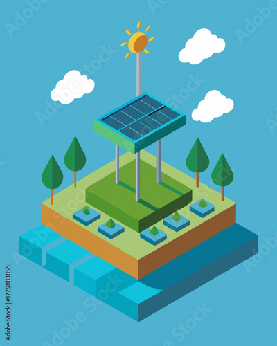 A floating solar array providing energy while also creating a habitat for aquatic plants and animals.. Vector illustration