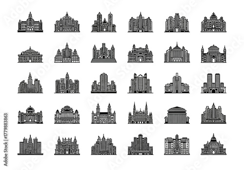 Vector icon set of thirty government buildings and city landmarks. A collection of architectural silhouettes including city halls and palaces