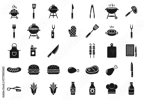 A comprehensive collection of monochrome barbecue glyph icons, featuring grilling tools, meats, and summer cookout essentials