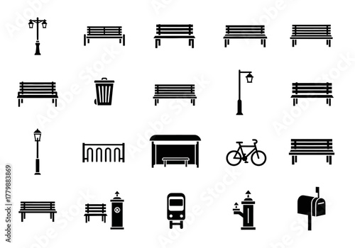 A vector collection of urban park and street elements, a set of silhouette icons including bench, lamppost, and bus stop symbols