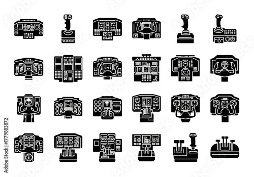 A detailed vector collection of monochrome glyph icons showing various futuristic control panels, dashboards, and aircraft joysticks for UI design