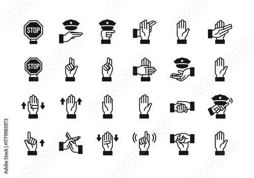 A detailed set of vector line icons showing police officer hand signals for regulating traffic and ensuring road safety