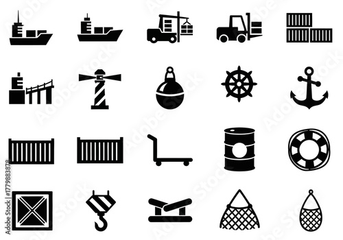 Maritime logistics and cargo shipping icon set. A collection of simple vector symbols for transport, delivery, and freight industry