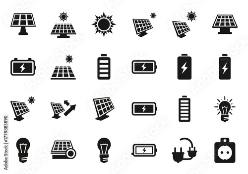 Monochrome icon set representing solar power technology, green energy concepts, panels, sun, and battery storage symbols