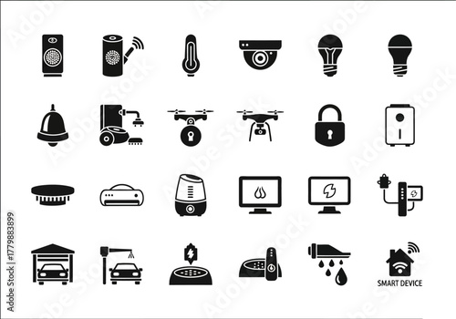 A comprehensive collection of smart device icons representing home automation and IoT technology in a simple glyph style