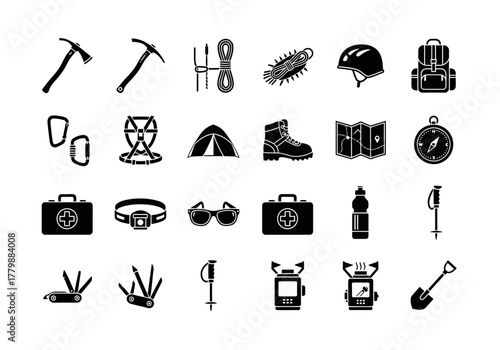 A comprehensive vector set of solid glyph icons representing mountaineering, rock climbing, and hiking adventure equipment