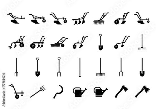 Vector collection of agricultural and gardening equipment icons. Farm tool silhouettes including plows, spades, and axes, part of set 92