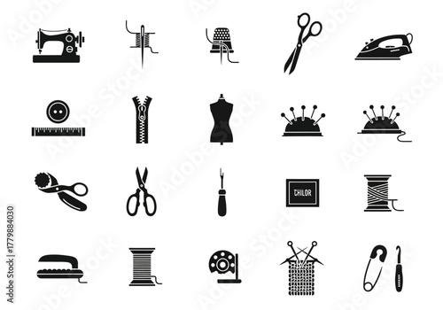Set of black silhouette icons for sewing and tailoring. Vector collection of dressmaking, needlecraft, and fashion design symbols