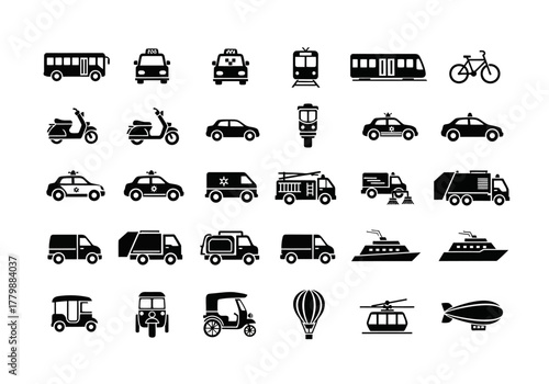A collection of black silhouette icons representing various types of land, sea, and air transportation vehicles for web and print