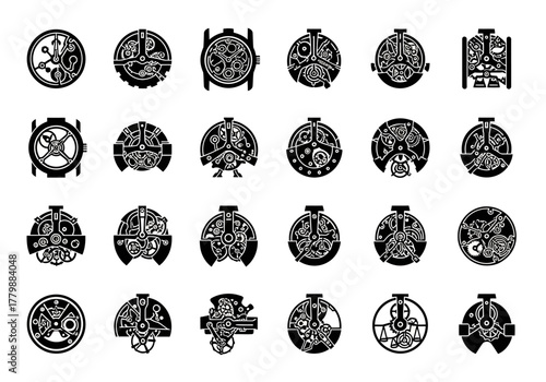 Vector set of twenty-five clockwork icons. Silhouette illustrations of intricate steampunk pocket watch mechanisms