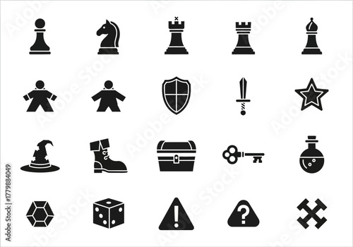 A collection of solid black glyph icons representing board games, chess pieces, and fantasy role-playing elements for game design
