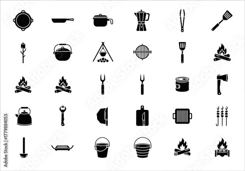 Outdoor adventure and camping cookware icon collection. A set of solid symbols for hiking kitchen and picnic gear