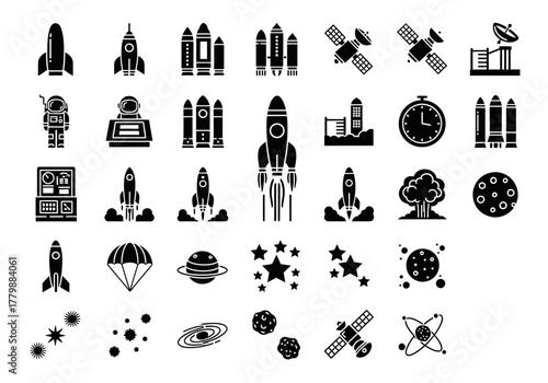 Set of black silhouette icons for space exploration and astronomy, including rockets, astronauts, planets, and satellite glyphs for design