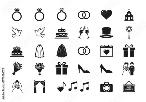 Set of black silhouette wedding icons for marriage and celebration. Vector illustration collection of love symbols