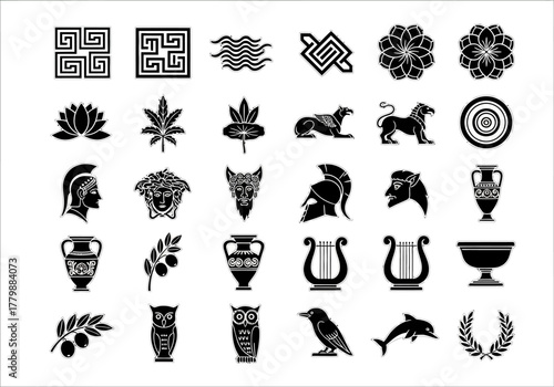 A diverse set of monochrome icons representing ancient Greek mythology and Hellenic culture, featuring classic symbols and artifacts