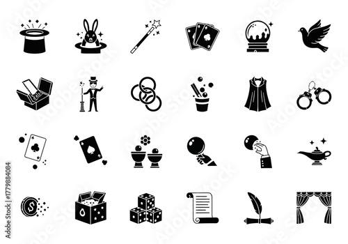 Fotografie A complete collection of solid black glyph icons depicting classic stage magic,