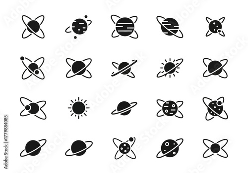 Simple black glyph icon set of space objects. A collection of flat vector illustrations of planets, Saturn, suns, and stars for science and UI design