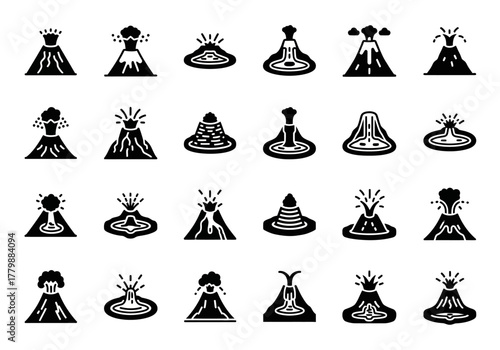 A versatile collection of solid black volcano icons. This glyph set illustrates various geological phenomena like eruptions, magma, and ash clouds