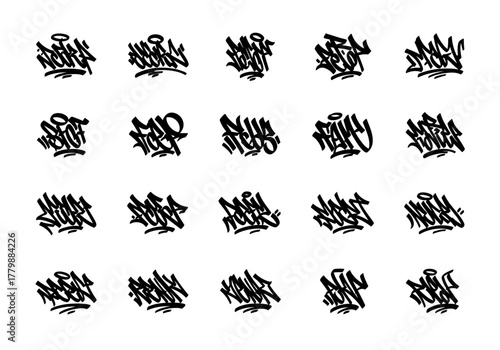 Set of urban graffiti tag lettering designs. Vector collection of handwritten street art signatures and abstract calligraphic elements