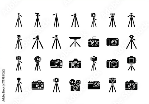Collection of black photography equipment icons. Includes various styles of camera and tripod silhouettes for graphic design projects