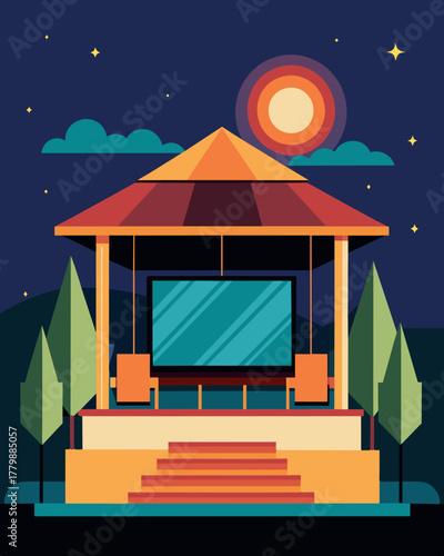 A beautiful pavilion featuring a large outdoor screen for movie nights powered entirely by solar energy.. Vector illustration