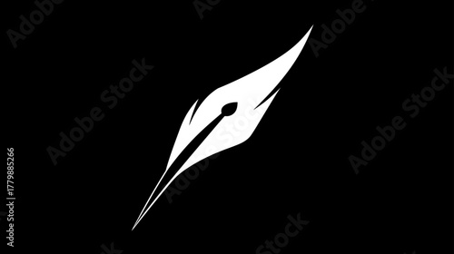 Stylized white feather quill pen icon on black background. Elegant graphic design for writing, art, and education concept.