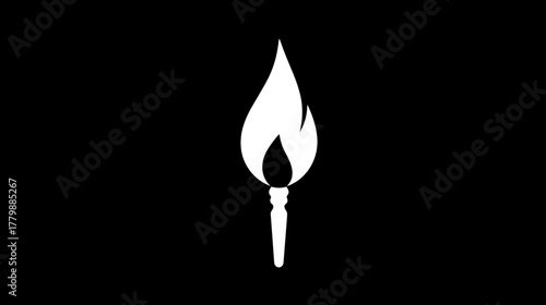 Minimalist White Torch with Burning Flame Icon on Black Background, Vector Graphic Symbolizing Light, Guidance, Knowledge, and Hope