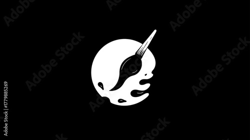 Creative abstract graphic: white paintbrush dipping into black and white paint splat on a dark background, symbolizing art and design.