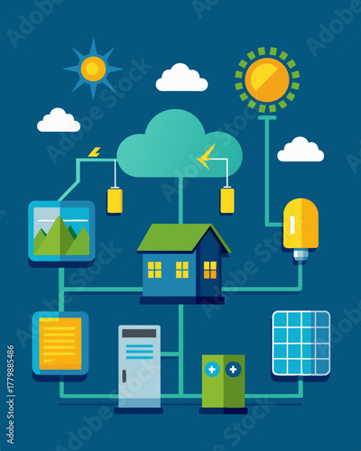 A diagram demonstrating how solar energy production can be integrated into various aspects of a smart grid such as storage and distribution.. Vector illustration