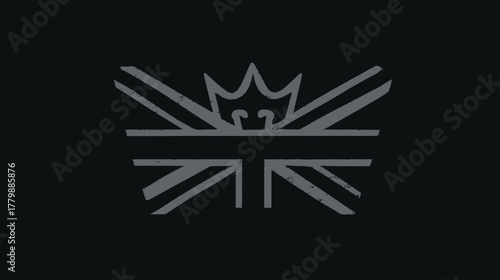 Modern monochromatic emblem with a royal crown and stylized cross design in grey on a black background, vector graphic element.