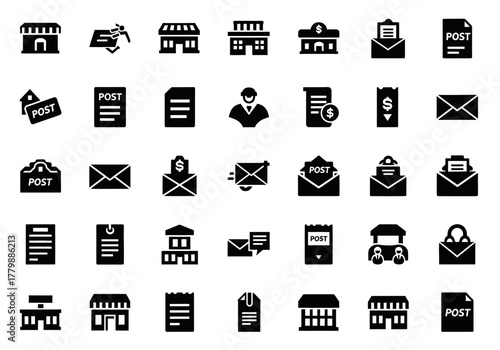 Postal service and mail delivery solid glyph icon set. Includes post office, letter, envelope, and communication symbols for UI design